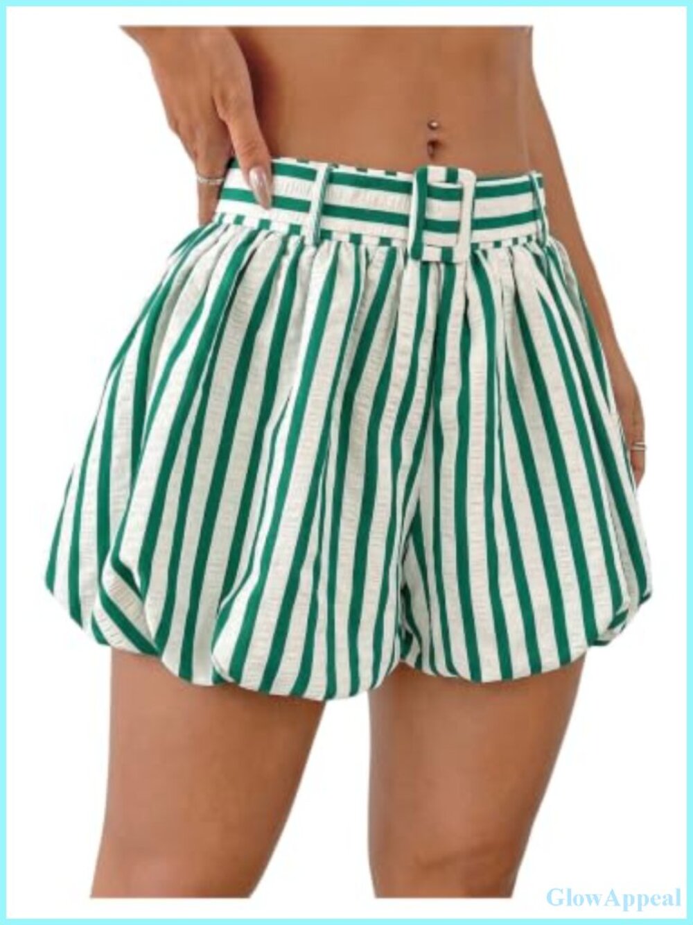 Striped Bubble Shorts Elastic Waist Belted Beach Casual Summer